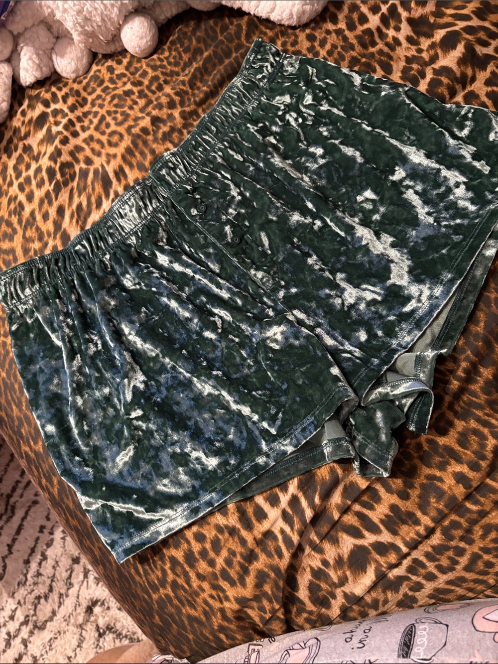 PINK Victoria's Secret Crushed Velvet Dark Green High-Waist Lounge Shorts